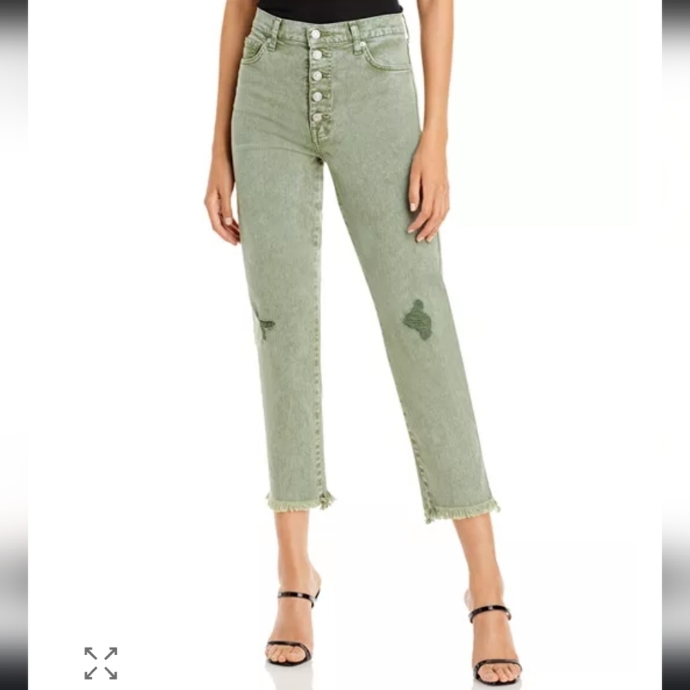 7 For All Mankind Jeans Sz 26 Green Cropped Straight Button Fly Y2K Core Fit